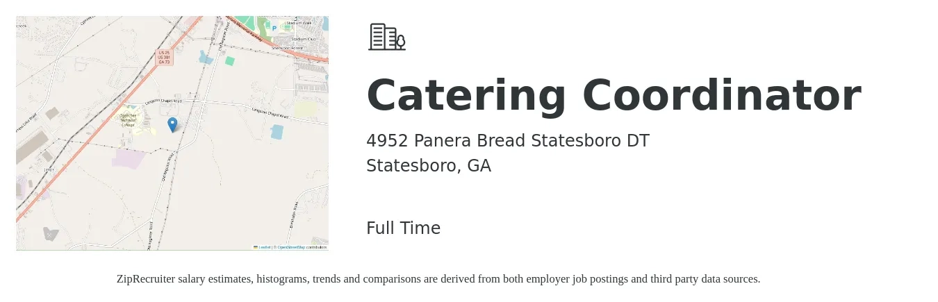 4952 Panera Bread Statesboro DT job posting for a Catering Coordinator in Statesboro, GA with a salary of $13 to $15 Hourly with a map of Statesboro location.
