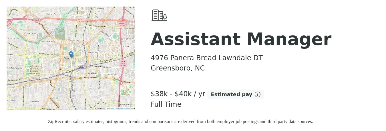 4976 Panera Bread Lawndale DT job posting for a Assistant Manager in Greensboro, NC with a salary of $38,000 to $45,000 Yearly with a map of Greensboro location.