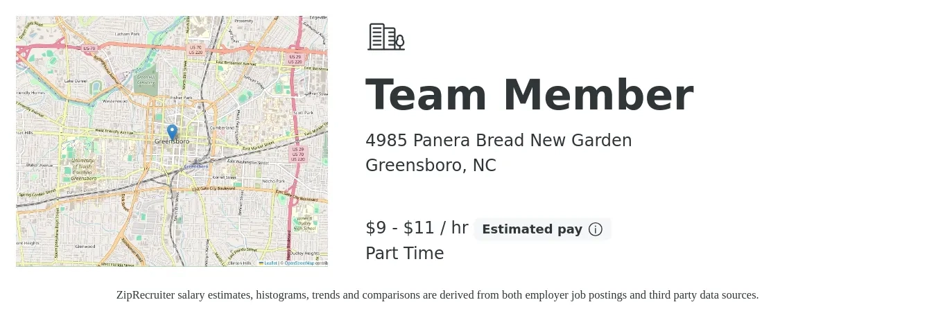 4985 Panera Bread New Garden job posting for a Team Member in Greensboro, NC with a salary of $10 to $12 Hourly with a map of Greensboro location.