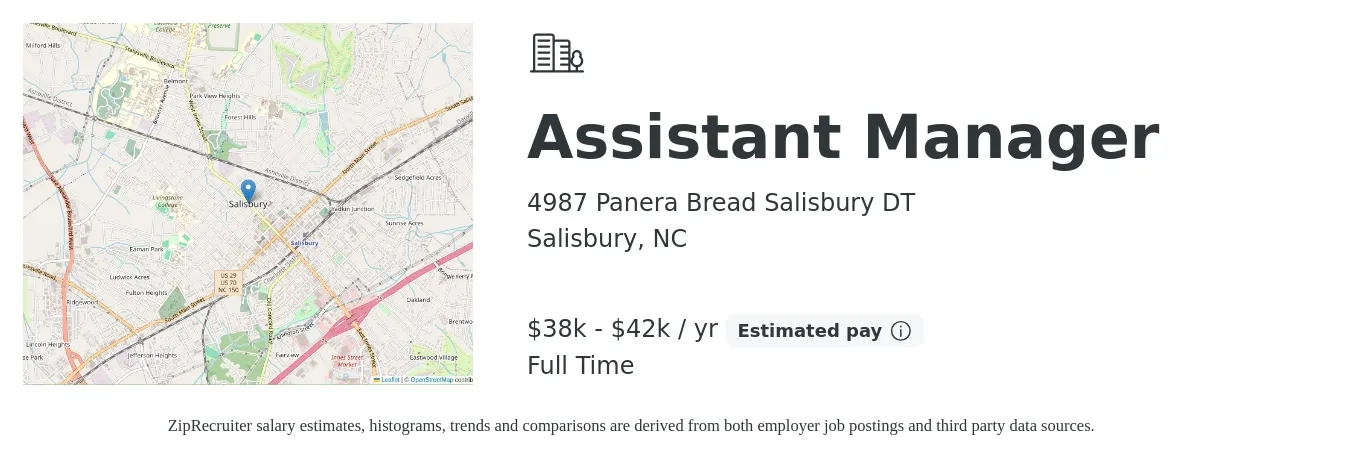 4987 Panera Bread Salisbury DT job posting for a Assistant Manager in Salisbury, NC with a salary of $38,000 to $42,000 Yearly with a map of Salisbury location.