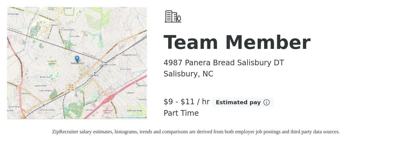 4987 Panera Bread Salisbury DT job posting for a Team Member in Salisbury, NC with a salary of $10 to $12 Hourly with a map of Salisbury location.