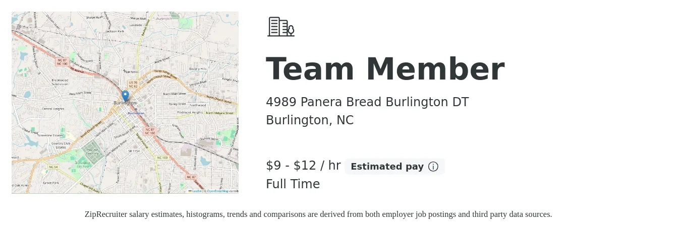 4989 Panera Bread Burlington DT job posting for a Team Member in Burlington, NC with a salary of $10 to $13 Hourly with a map of Burlington location.
