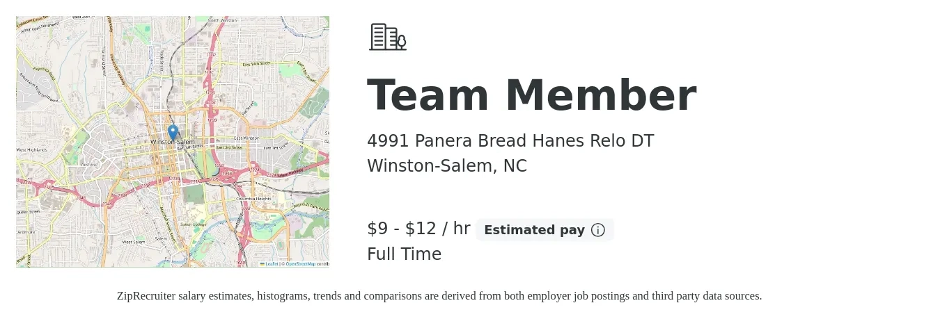 4991 Panera Bread Hanes Relo DT job posting for a Team Member in Winston-Salem, NC with a salary of $10 to $13 Hourly with a map of Winston-Salem location.