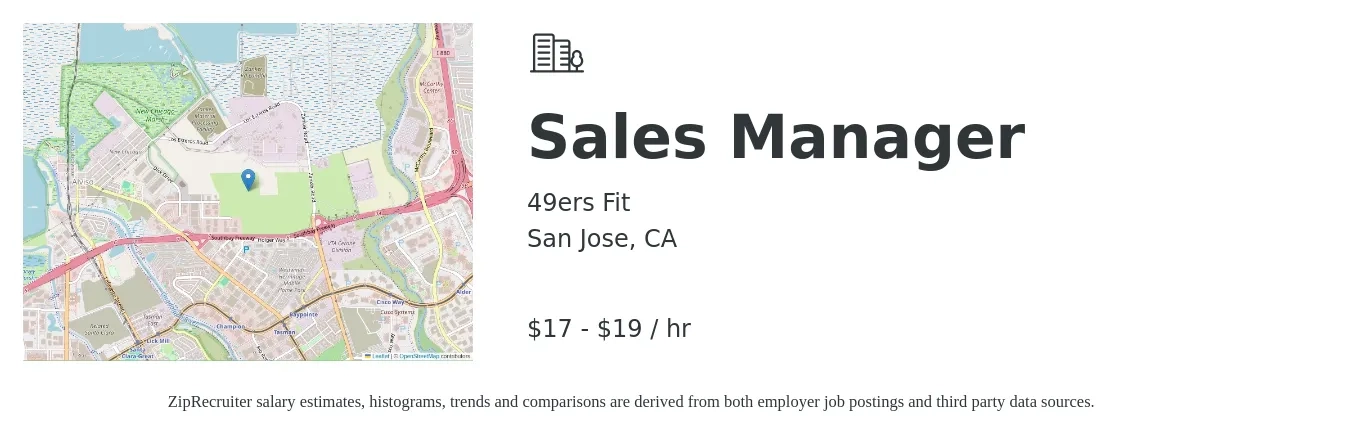 49ers Fit job posting for a Sales Manager in San Jose, CA with a salary of $18 to $20 Hourly with a map of San Jose location.
