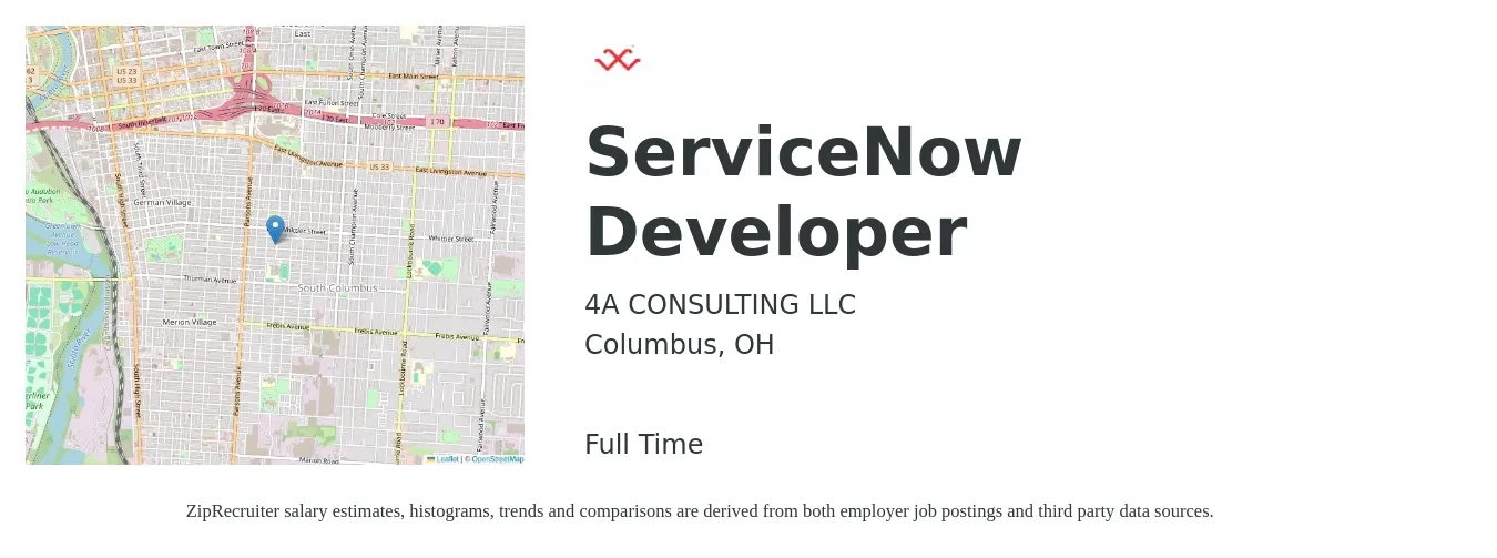 4A CONSULTING LLC job posting for a ServiceNow Developer in Columbus, OH with a salary of $51 to $70 Hourly with a map of Columbus location.