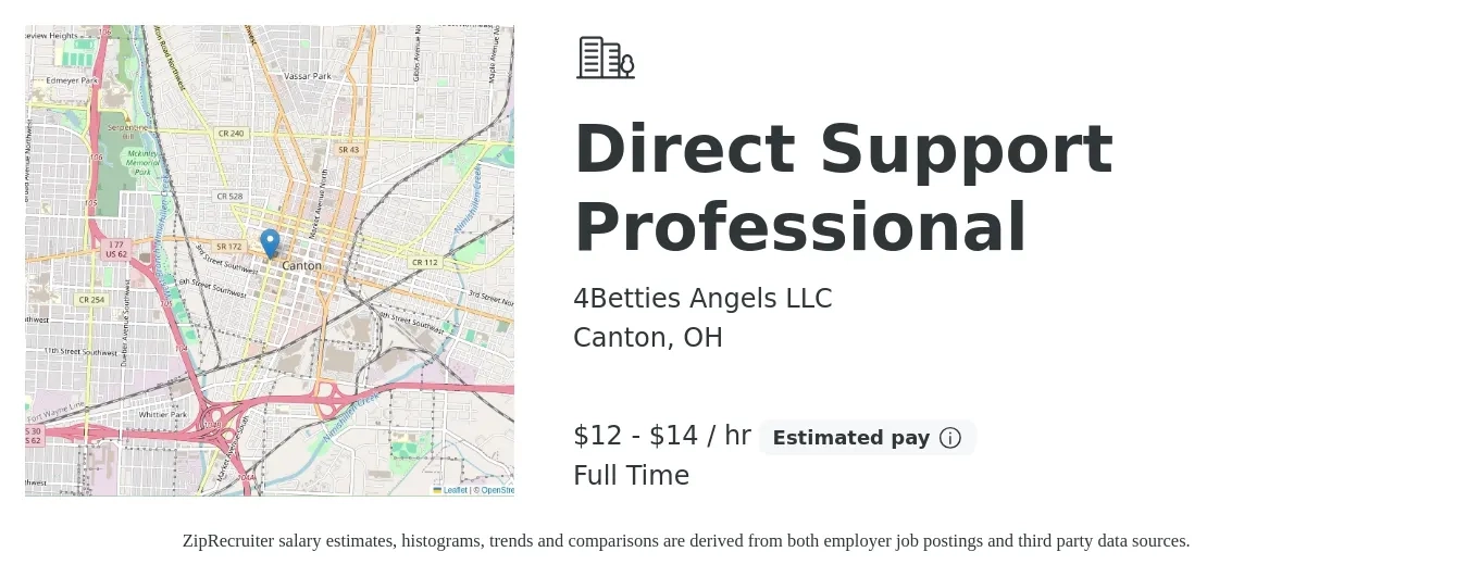 4Betties Angels LLC job posting for a Direct Support Professional in Canton, OH with a salary of $13 to $15 Hourly with a map of Canton location.