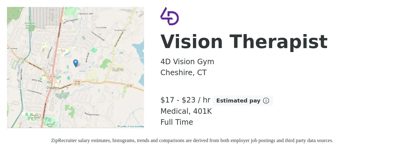 4D Vision Gym job posting for a Vision Therapist in Cheshire, CT with a salary of $18 to $24 Hourly and benefits including 401k, and medical with a map of Cheshire location.