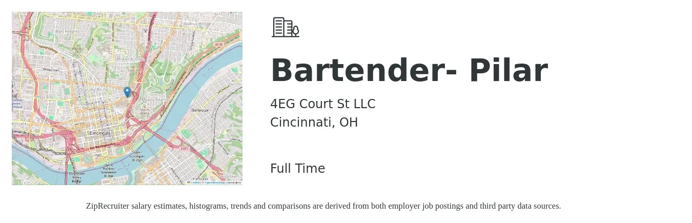 4EG Court St LLC job posting for a Bartender- Pilar in Cincinnati, OH with a salary of $10 to $18 Hourly with a map of Cincinnati location.