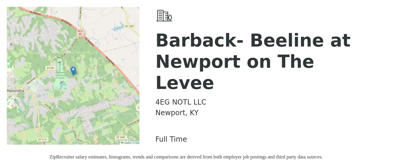 4EG NOTL LLC job posting for a Barback- Beeline at Newport on The Levee in Newport, KY with a salary of $10 to $16 Hourly with a map of Newport location.