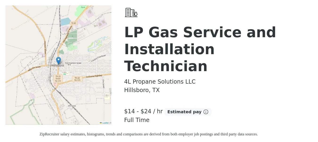 4L Propane Solutions LLC job posting for a LP Gas Service and Installation Technician in Hillsboro, TX with a salary of $15 to $25 Hourly with a map of Hillsboro location.