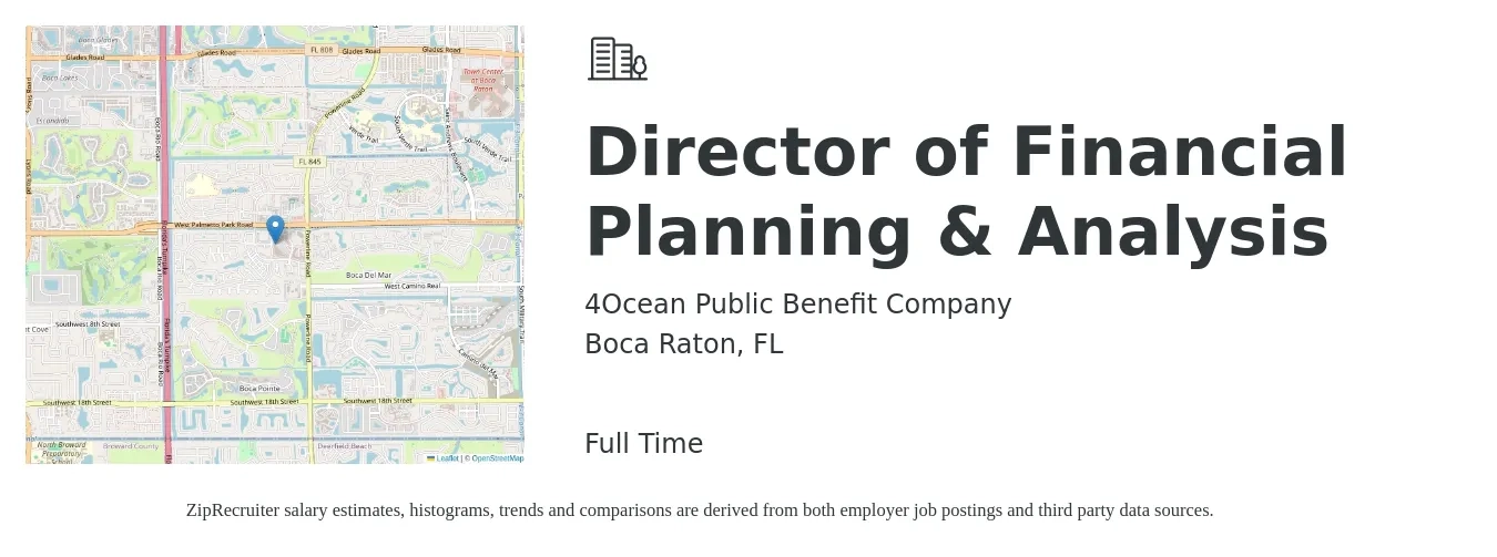 4Ocean Public Benefit Company job posting for a Director of Financial Planning & Analysis in Boca Raton, FL with a salary of $116,200 to $152,800 Yearly with a map of Boca Raton location.