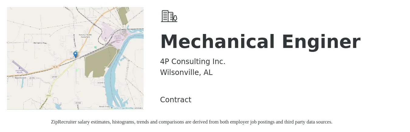 4P Consulting Inc. job posting for a Mechanical Enginer in Wilsonville, AL with a salary of $78,800 to $122,200 Yearly with a map of Wilsonville location.