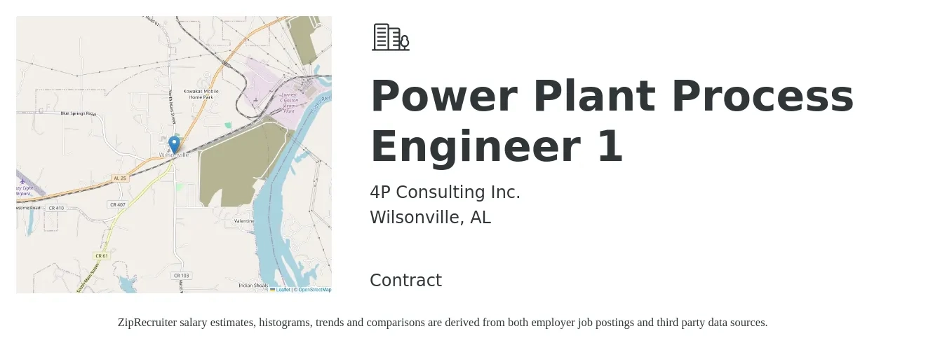 4P Consulting Inc. job posting for a Power Plant Process Engineer 1 in Wilsonville, AL with a salary of $72,000 to $99,500 Yearly with a map of Wilsonville location.