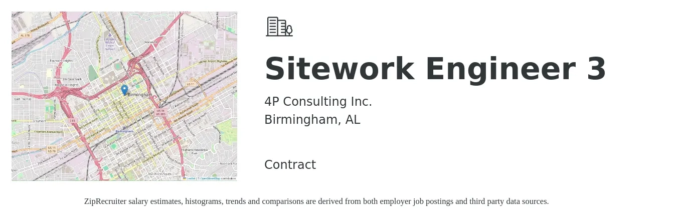 4P Consulting Inc. job posting for a Sitework Engineer 3 in Birmingham, AL with a salary of $63,300 to $92,300 Yearly with a map of Birmingham location.