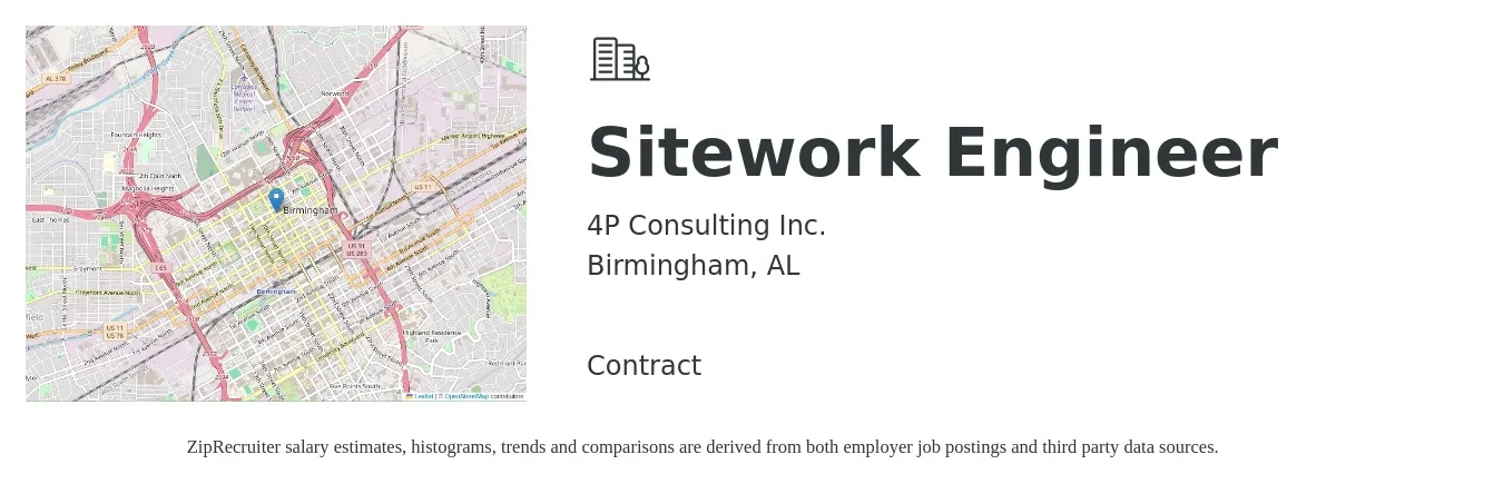 4P Consulting Inc. job posting for a Sitework Engineer in Birmingham, AL with a salary of $63,300 to $92,300 Yearly with a map of Birmingham location.