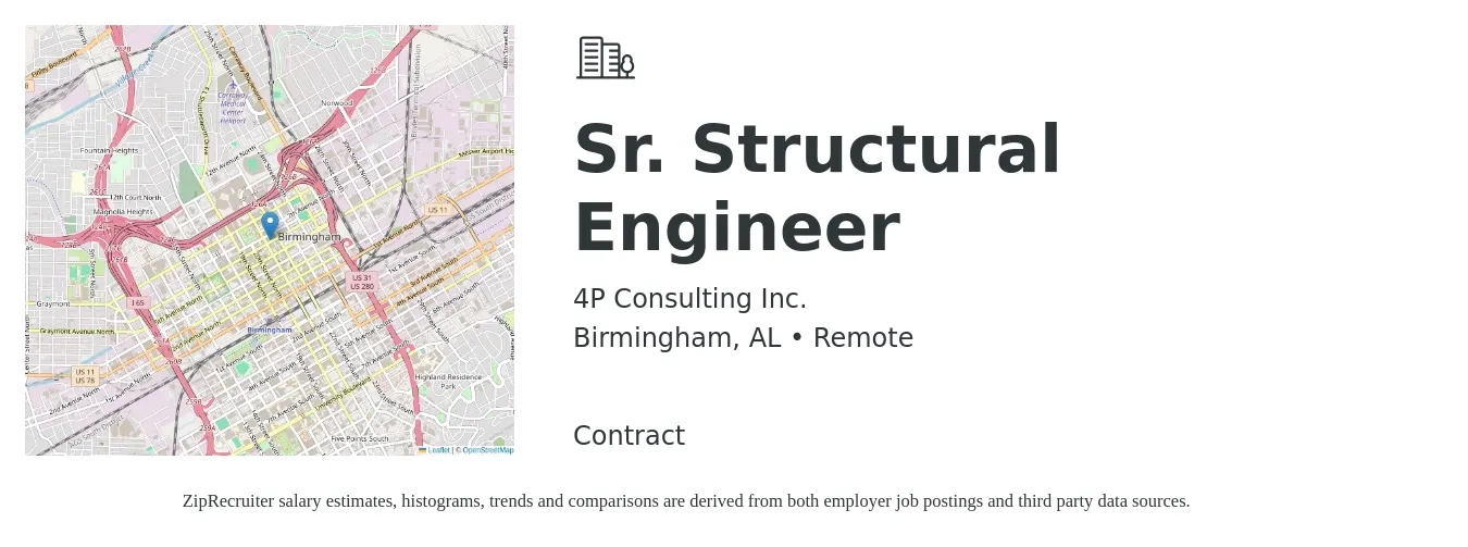 4P Consulting Inc. job posting for a Sr. Structural Engineer in Birmingham, AL with a salary of $94,200 to $127,900 Yearly with a map of Birmingham location.