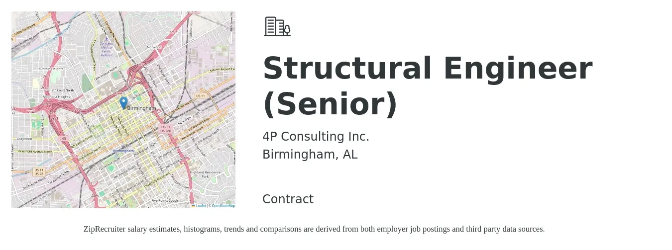 4P Consulting Inc. job posting for a Structural Engineer (Senior) in Birmingham, AL with a salary of $94,200 to $127,900 Yearly with a map of Birmingham location.