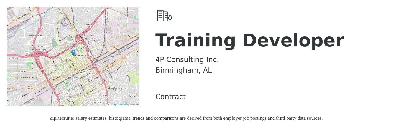 4P Consulting Inc. job posting for a Training Developer in Birmingham, AL with a salary of $28 to $46 Hourly with a map of Birmingham location.