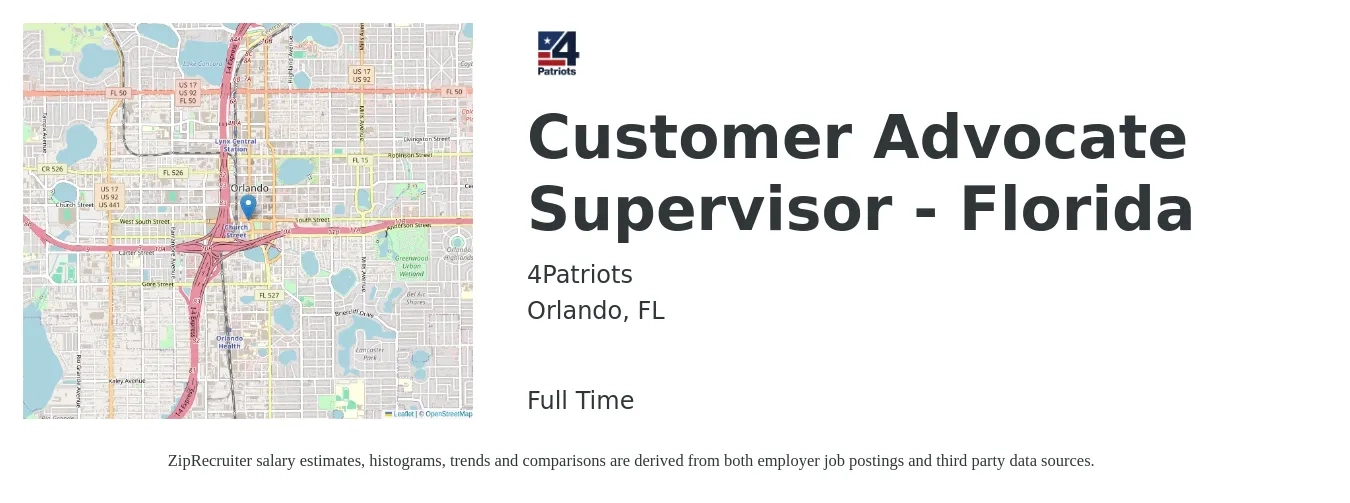 4Patriots job posting for a Customer Advocate Supervisor - Florida in Orlando, FL with a salary of $42,000 to $72,800 Yearly with a map of Orlando location.