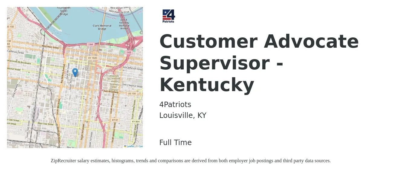 4Patriots job posting for a Customer Advocate Supervisor - Kentucky in Louisville, KY with a salary of $43,200 to $74,900 Yearly with a map of Louisville location.