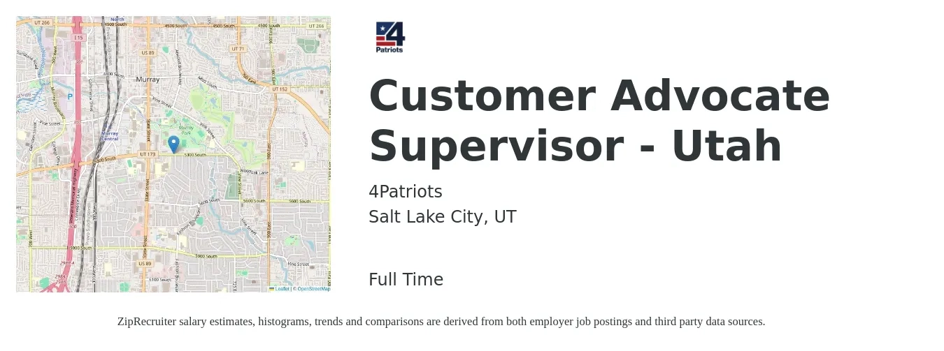 4Patriots job posting for a Customer Advocate Supervisor - Utah in Salt Lake City, UT with a salary of $43,500 to $75,500 Yearly with a map of Salt Lake City location.