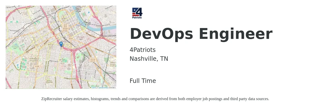 4Patriots job posting for a DevOps Engineer in Nashville, TN with a salary of $51 to $70 Hourly with a map of Nashville location.