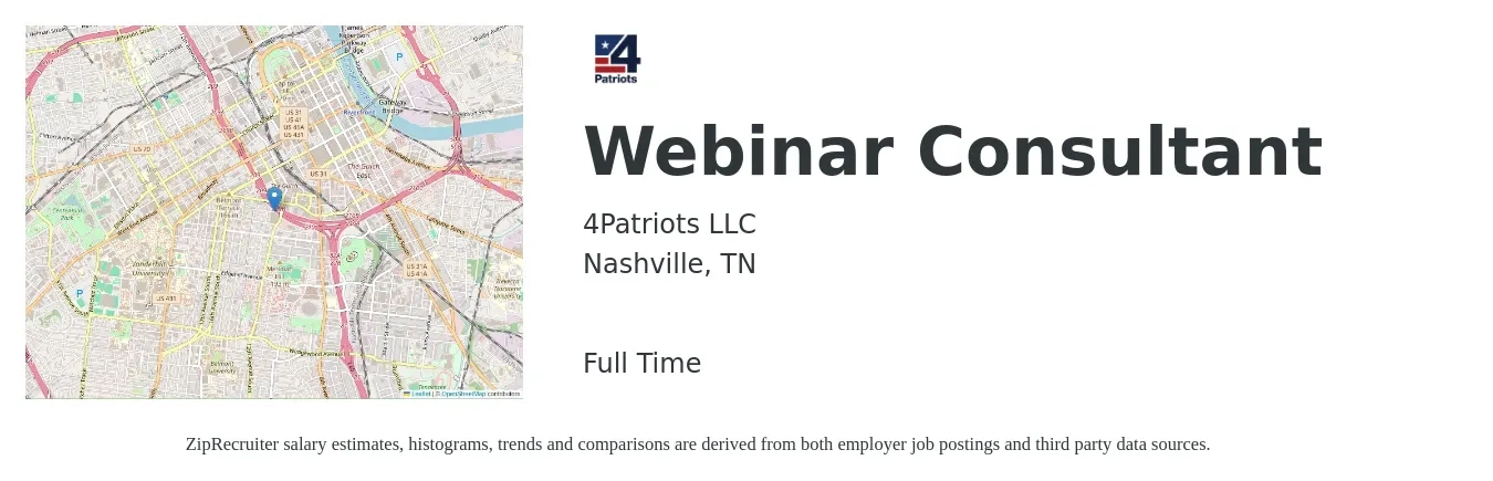 4Patriots LLC job posting for a Webinar Consultant in Nashville, TN with a salary of $70 to $79 Hourly with a map of Nashville location.