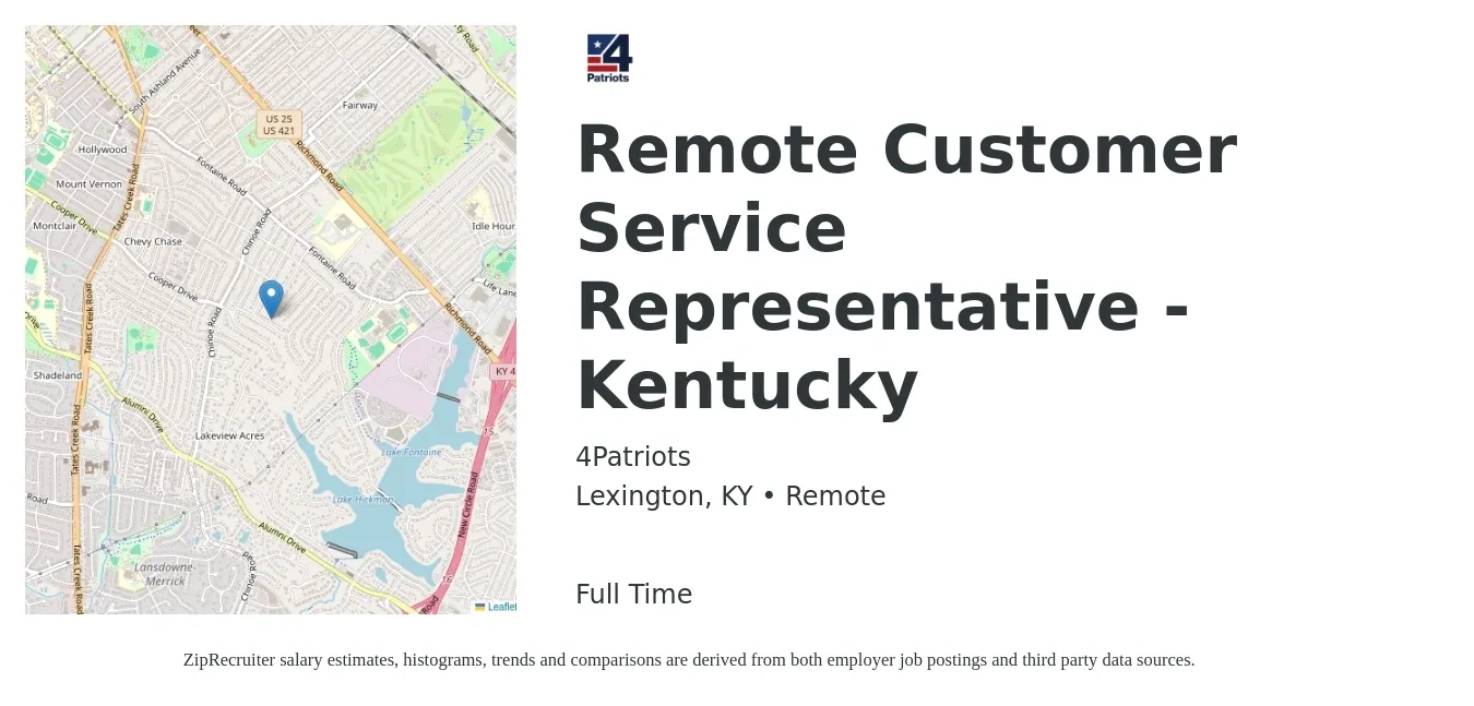 4Patriots job posting for a Remote Customer Service Representative - Kentucky in Lexington, KY with a salary of $16 to $22 Hourly with a map of Lexington location.