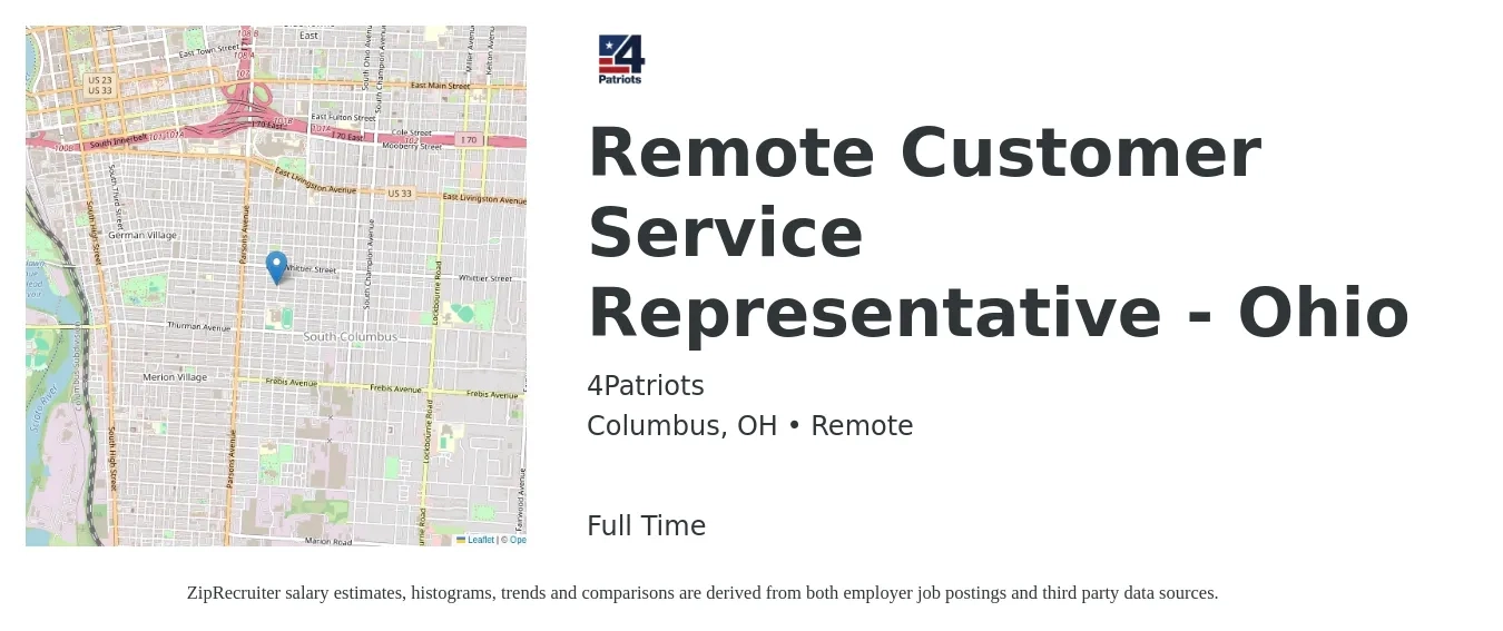 4Patriots job posting for a Remote Customer Service Representative - Ohio in Columbus, OH with a salary of $16 to $21 Hourly with a map of Columbus location.