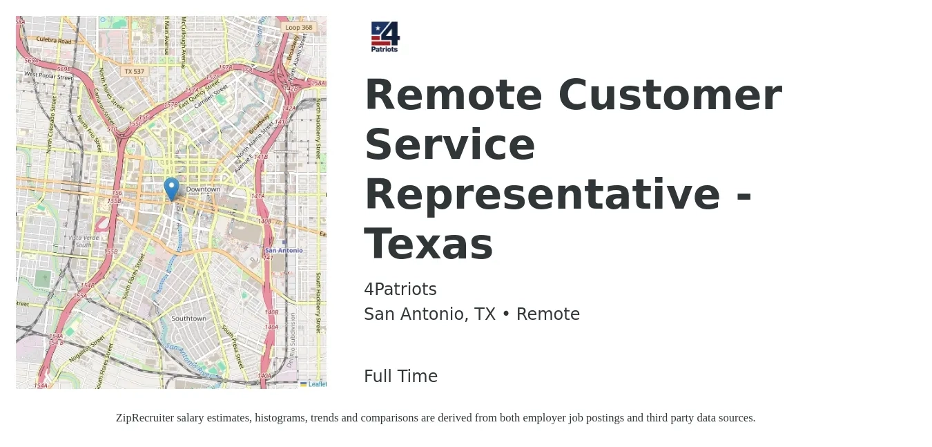 4Patriots job posting for a Remote Customer Service Representative - Texas in San Antonio, TX with a salary of $14 to $20 Hourly with a map of San Antonio location.