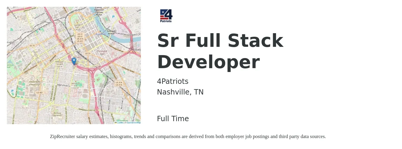 4Patriots job posting for a Sr Full Stack Developer in Nashville, TN with a salary of $50 to $68 Hourly with a map of Nashville location.