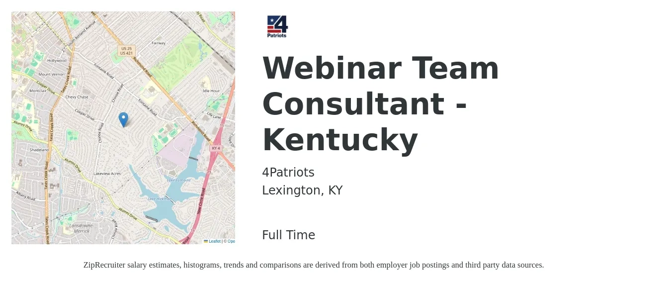 4Patriots job posting for a Webinar Team Consultant - Kentucky in Lexington, KY with a salary of $72 to $82 Hourly with a map of Lexington location.