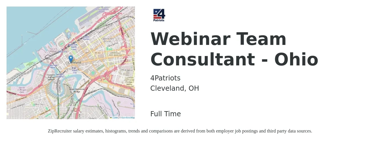 4Patriots job posting for a Webinar Team Consultant - Ohio in Cleveland, OH with a salary of $70 to $80 Hourly with a map of Cleveland location.