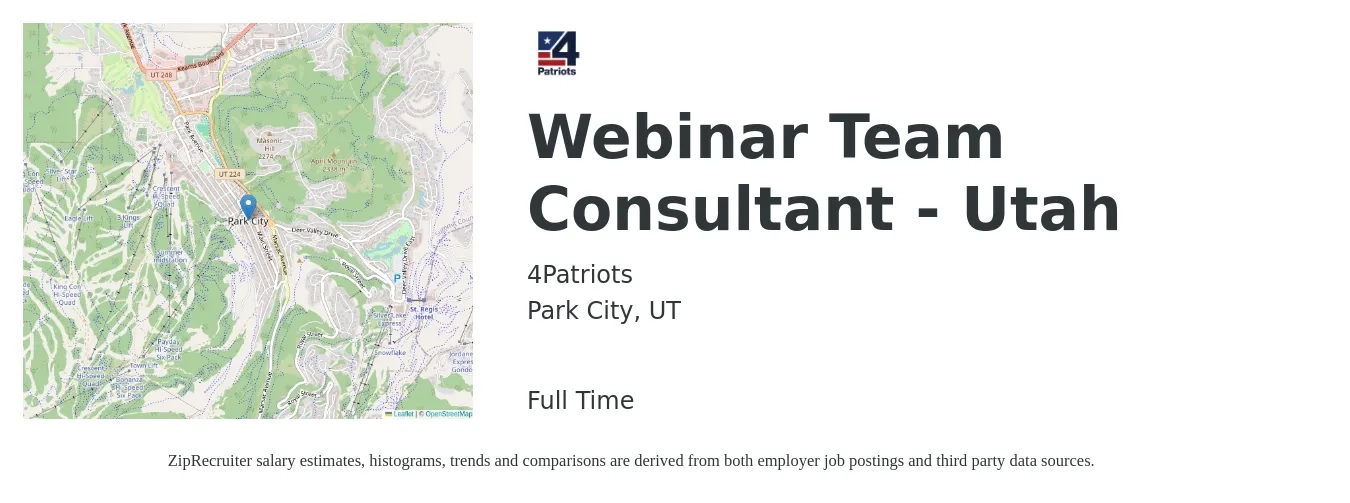 4Patriots job posting for a Webinar Team Consultant - Utah in Park City, UT with a salary of $75 to $86 Hourly with a map of Park City location.