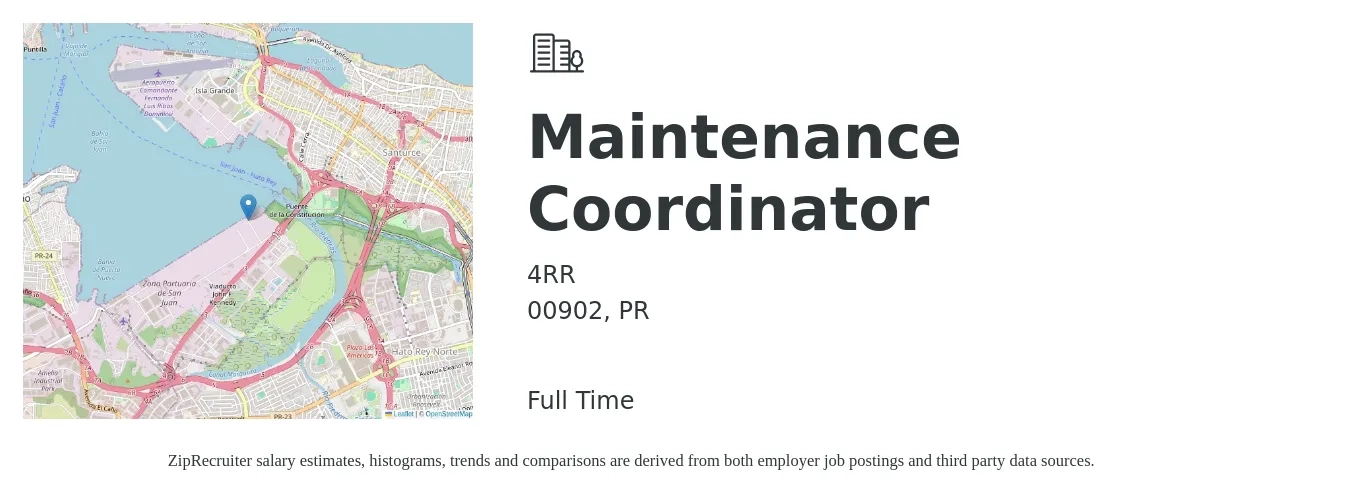 4RR job posting for a Maintenance Coordinator in 00902, PR with a salary of $19 to $29 Hourly with a map of 00902 location.