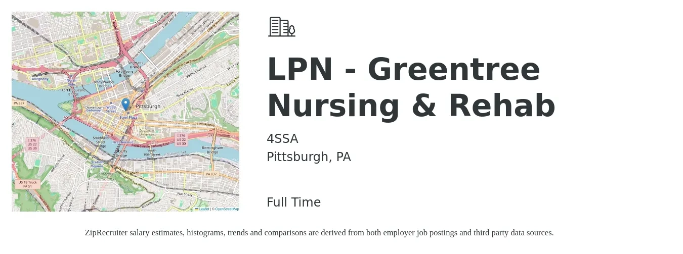 4SSA job posting for a LPN - Greentree Nursing & Rehab in Pittsburgh, PA with a salary of $38 to $42 Hourly with a map of Pittsburgh location.