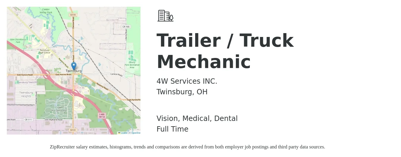 4W Services INC. job posting for a Trailer / Truck Mechanic in Twinsburg, OH with a salary of $20 to $28 Hourly and benefits including retirement, vision, dental, life_insurance, medical, and pto with a map of Twinsburg location.