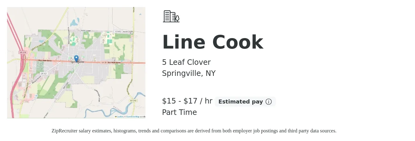 5 Leaf Clover job posting for a Line Cook in Springville, NY with a salary of $16 to $18 Hourly with a map of Springville location.