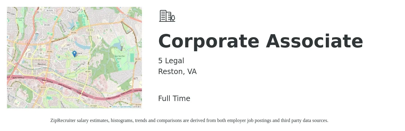 5 Legal job posting for a Corporate Associate in Reston, VA with a salary of $47,900 to $210,200 Yearly with a map of Reston location.