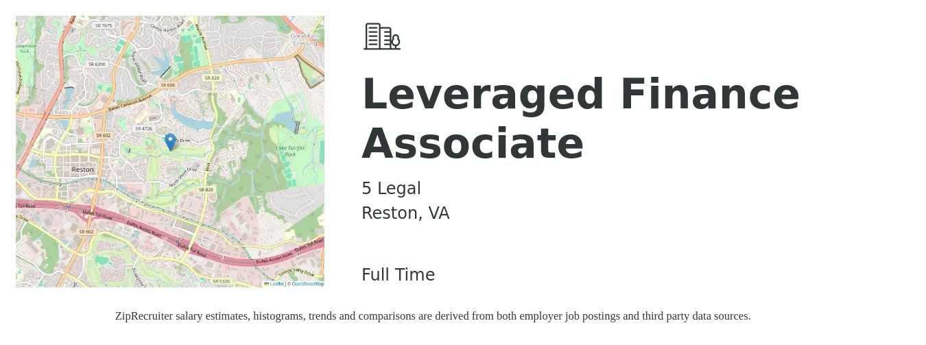5 Legal job posting for a Leveraged Finance Associate in Reston, VA with a salary of $52,000 to $80,100 Yearly with a map of Reston location.