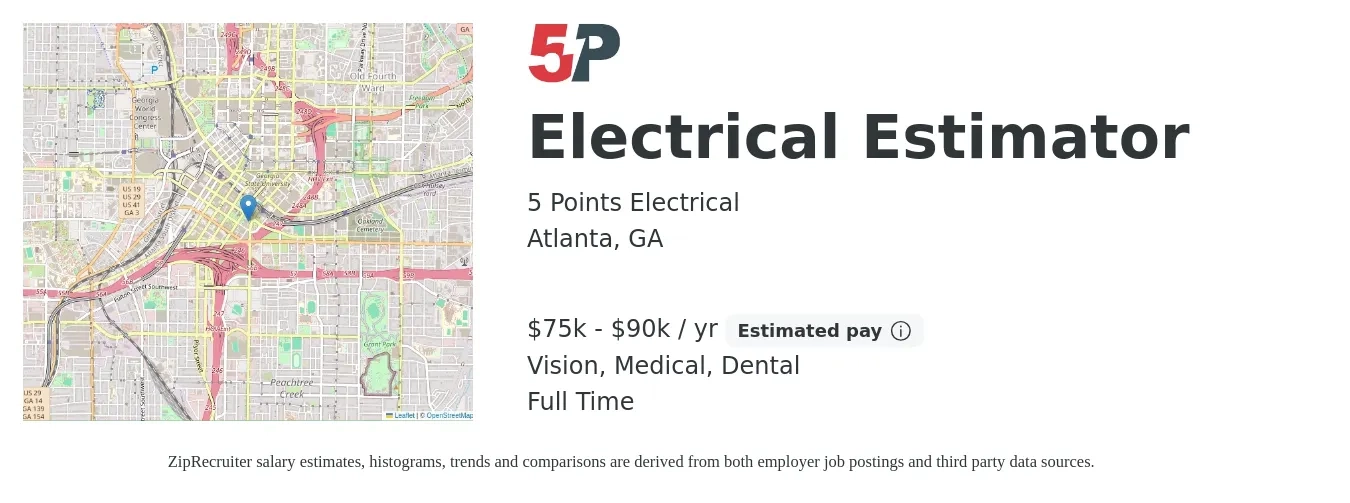 5 Points Electrical job posting for a Electrical Estimator in Atlanta, GA with a salary of $75,000 to $90,000 Yearly and benefits including medical, vision, and dental with a map of Atlanta location.