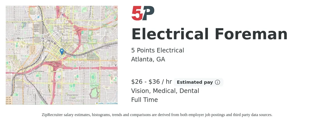 5 Points Electrical job posting for a Electrical Foreman in Atlanta, GA with a salary of $28 to $38 Hourly and benefits including dental, medical, and vision with a map of Atlanta location.