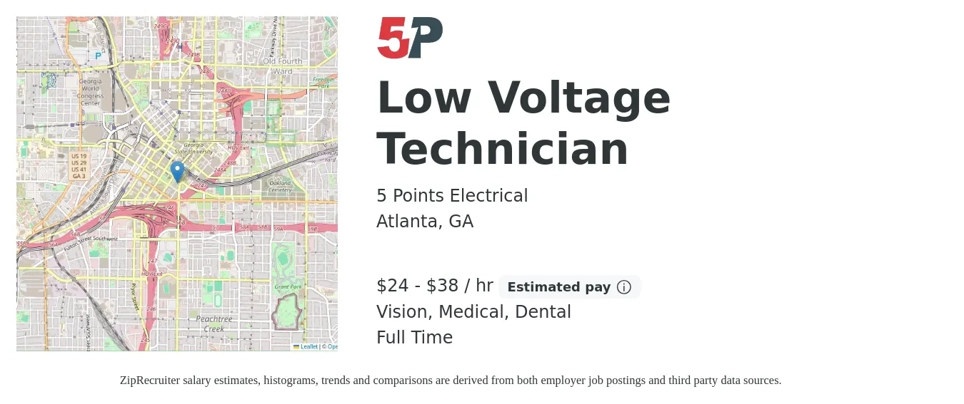 5 Points Electrical job posting for a Low Voltage Technician in Atlanta, GA with a salary of $25 to $40 Hourly and benefits including retirement, vision, dental, medical, and pto with a map of Atlanta location.