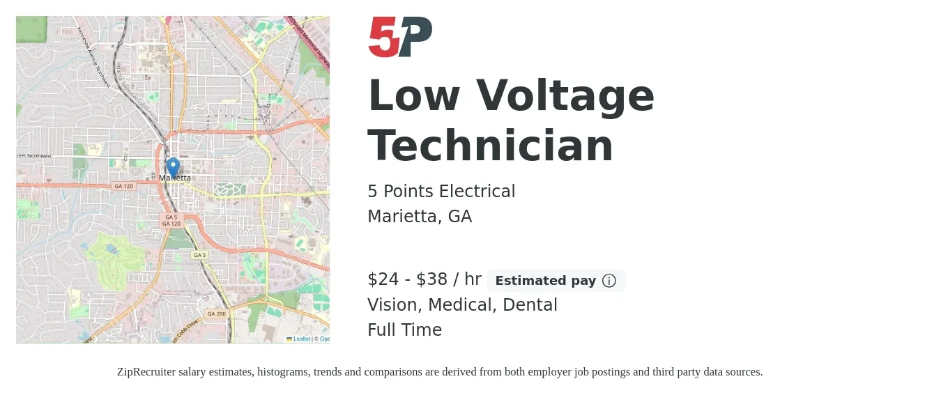 5 Points Electrical job posting for a Low Voltage Technician in Marietta, GA with a salary of $25 to $40 Hourly and benefits including retirement, vision, dental, medical, and pto with a map of Marietta location.