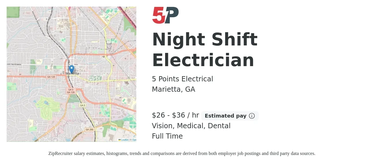 5 Points Electrical job posting for a Night Shift Electrician in Marietta, GA with a salary of $28 to $38 Hourly and benefits including dental, medical, pto, retirement, and vision with a map of Marietta location.
