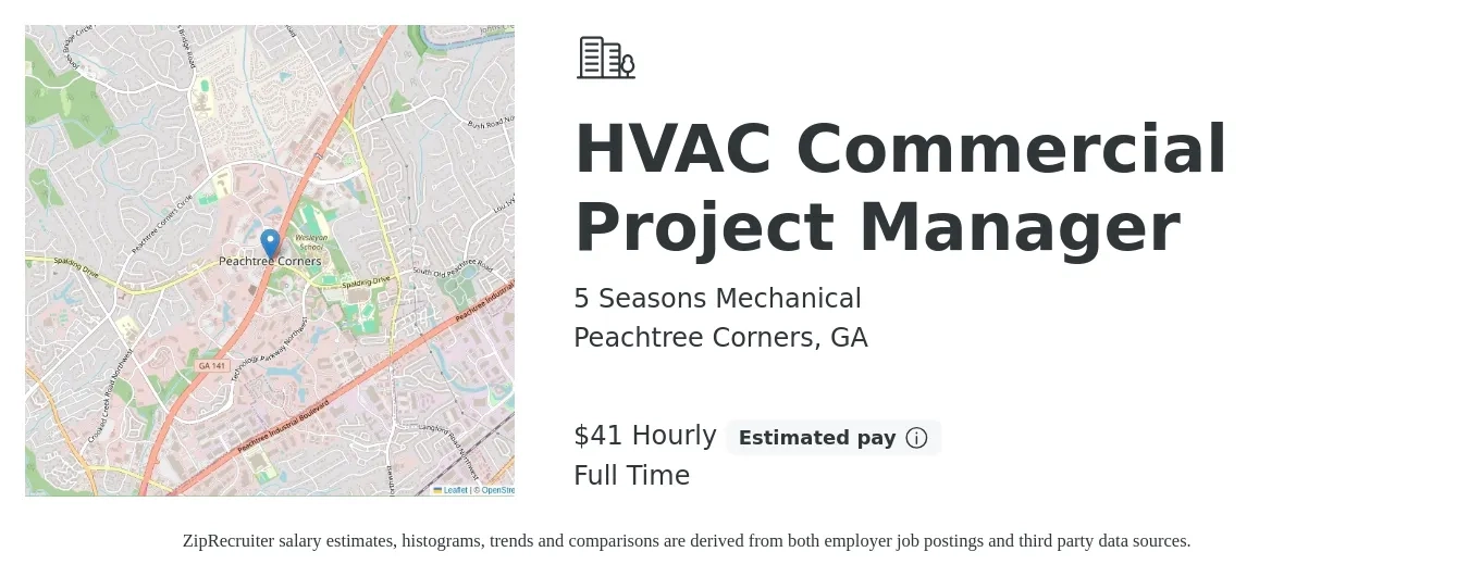 5 Seasons Mechanical job posting for a HVAC Commercial Project Manager in Peachtree Corners, GA with a salary of $90,000 Yearly with a map of Peachtree Corners location.