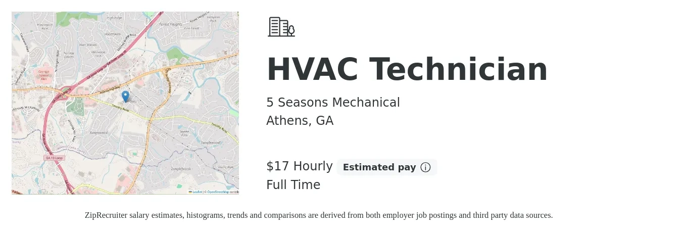 5 Seasons Mechanical job posting for a HVAC Technician in Athens, GA with a salary of $18 Hourly with a map of Athens location.