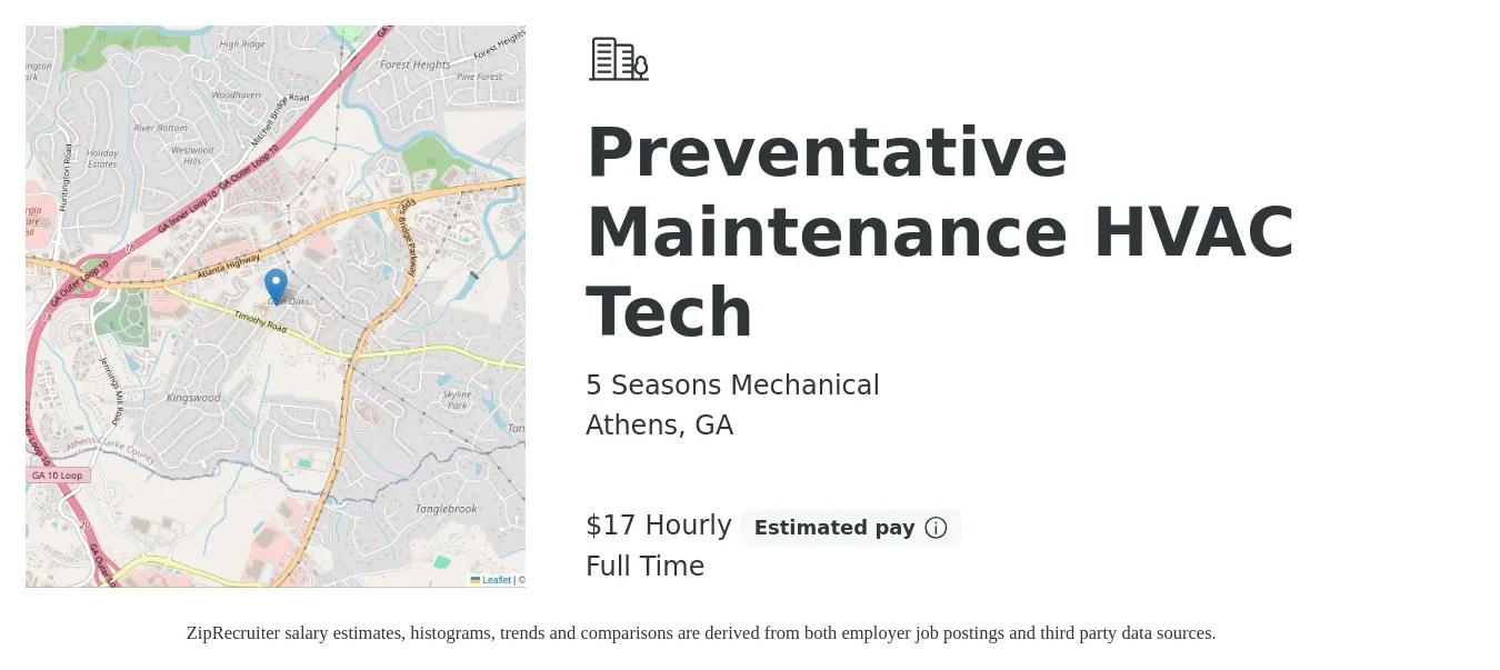 5 Seasons Mechanical job posting for a Preventative Maintenance HVAC Tech in Athens, GA with a salary of $18 Hourly with a map of Athens location.