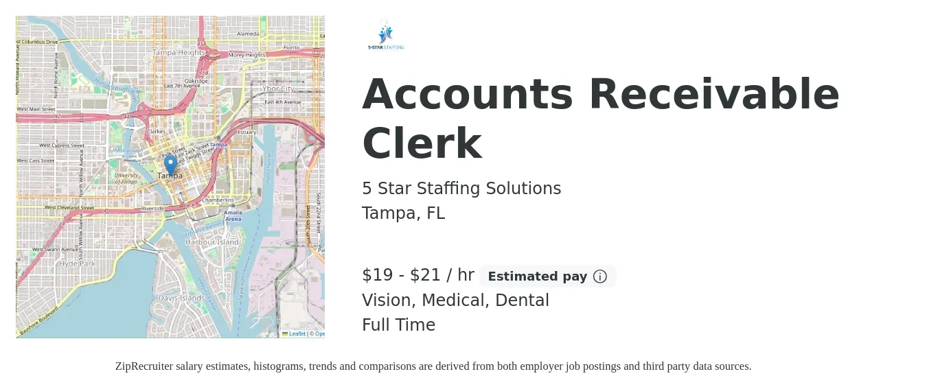 5 Star Staffing Solutions job posting for a Accounts Receivable Clerk in Tampa, FL with a salary of $20 to $22 Hourly and benefits including retirement, vision, dental, life_insurance, and medical with a map of Tampa location.