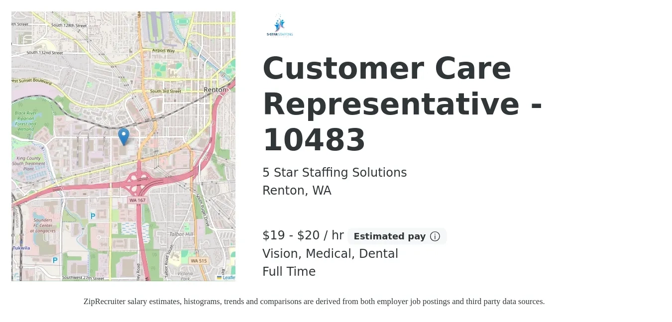 5 Star Staffing Solutions job posting for a Customer Care Representative - 10483 in Renton, WA with a salary of $20 to $21 Hourly and benefits including dental, life_insurance, medical, pto, retirement, and vision with a map of Renton location.